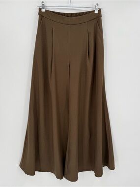Calista Mocha Brown Pleated Wide Leg Pull-On Pant Gaucho Dressy Size L